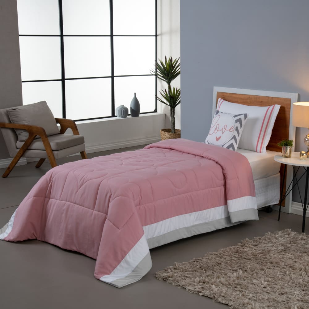 Kit Colcha Edredom Infantil Solteiro 4 Peças Coração Rosa
