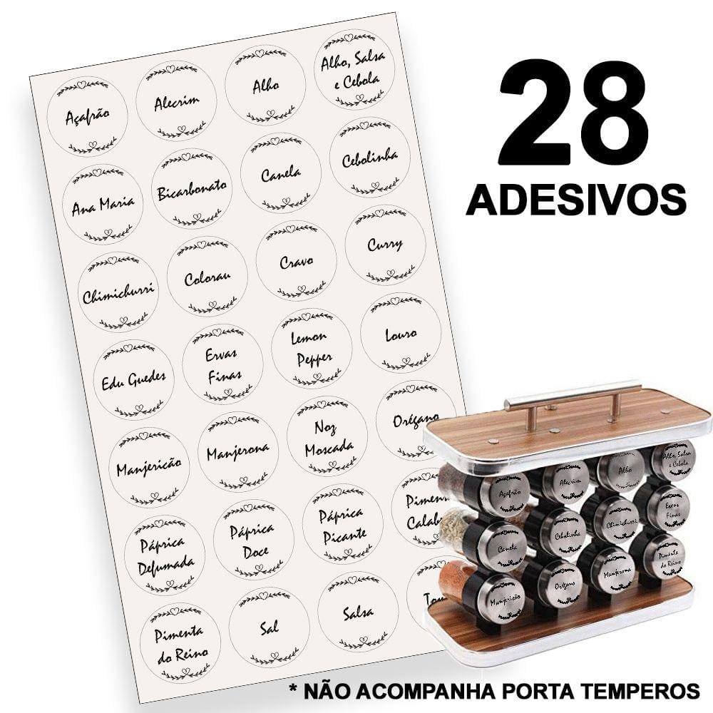 Cartela com 28 Adesivos Etiquetas Auto Colantes com Rótulos de Temperos para Porta Temperos e Condimentos