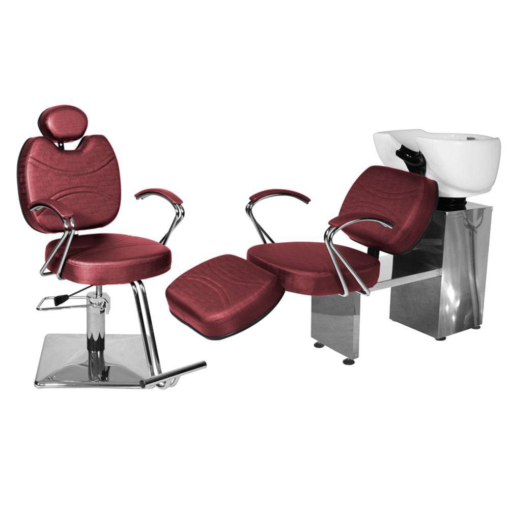 Kit Salão Topázio Cadeira Recl Base Quadrada + Lavatório C/Ap Bordô Facto