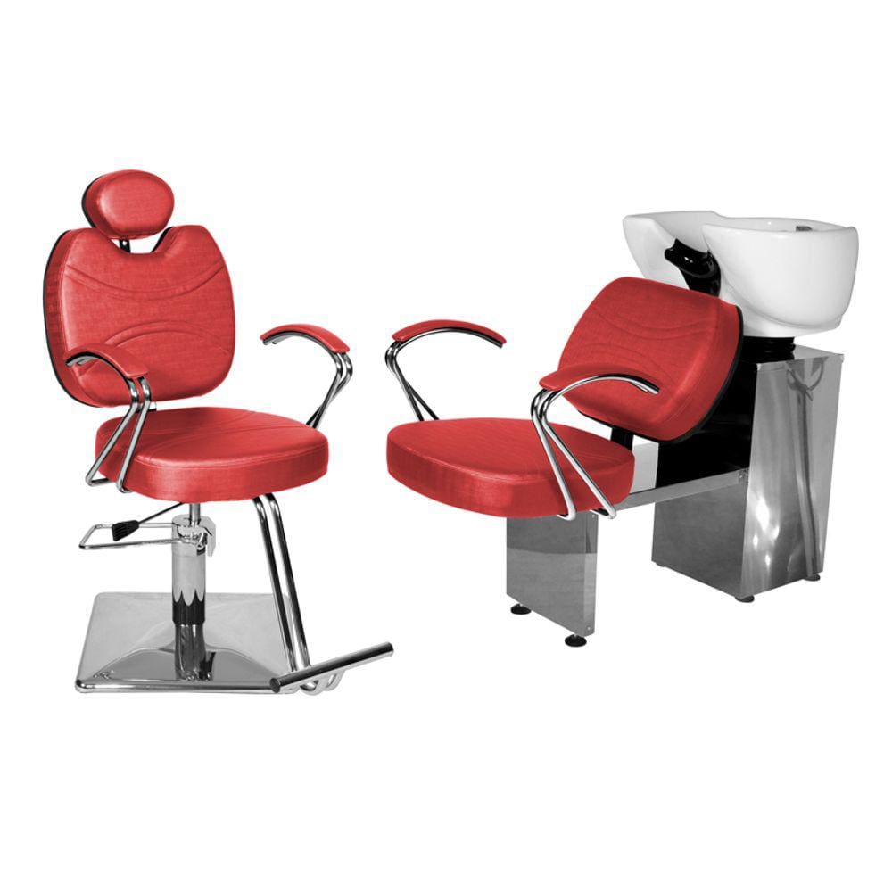 Kit Salão Topázio Cadeira Reclinável Base Quadrada + Lavatório Vermelho