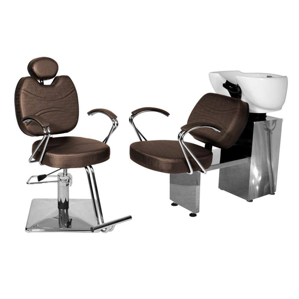 Kit Salão Topázio Cadeira Reclinável Base Quadrada + Lavatório Marrom