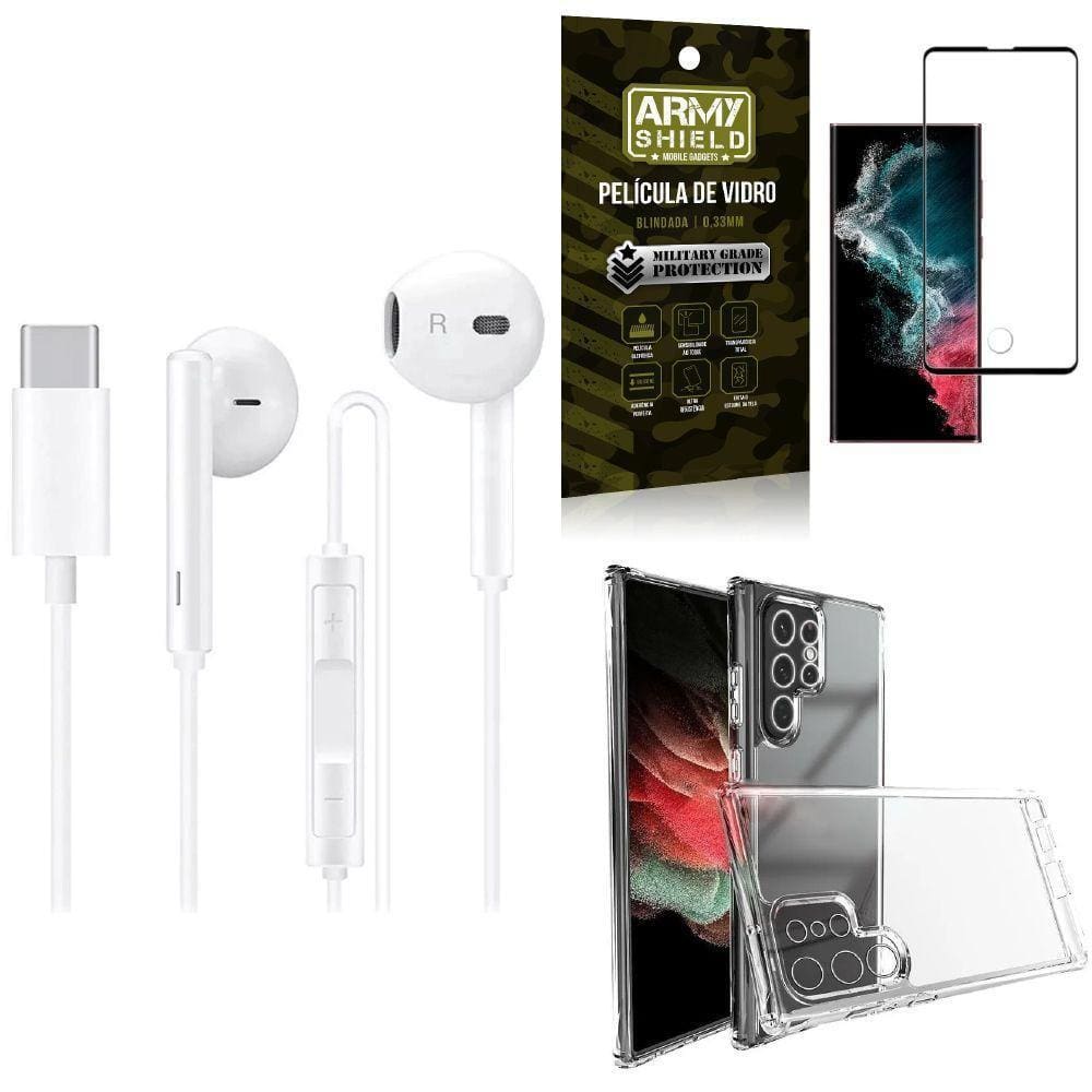Capa S22 Ultra + Fone De Ouvido Tipo C + Película Vidro 3D