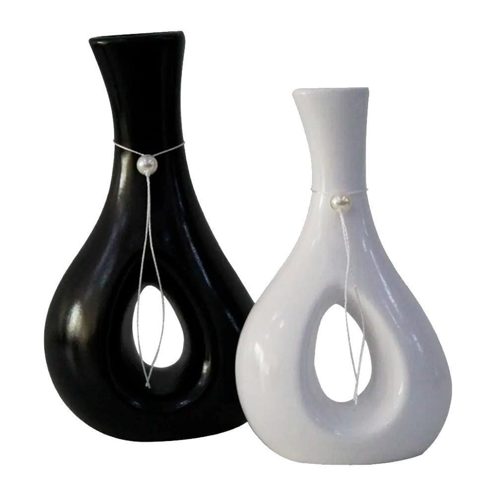 Par Vasos Furados Em Cerâmica Aparador Decor - White Black