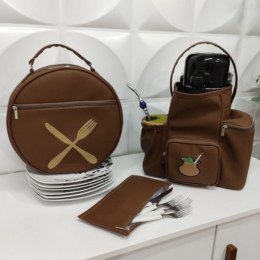 Kit Mateira e Porta Pratos Personalizado Talheres Marrom - Coutre Bolsas
