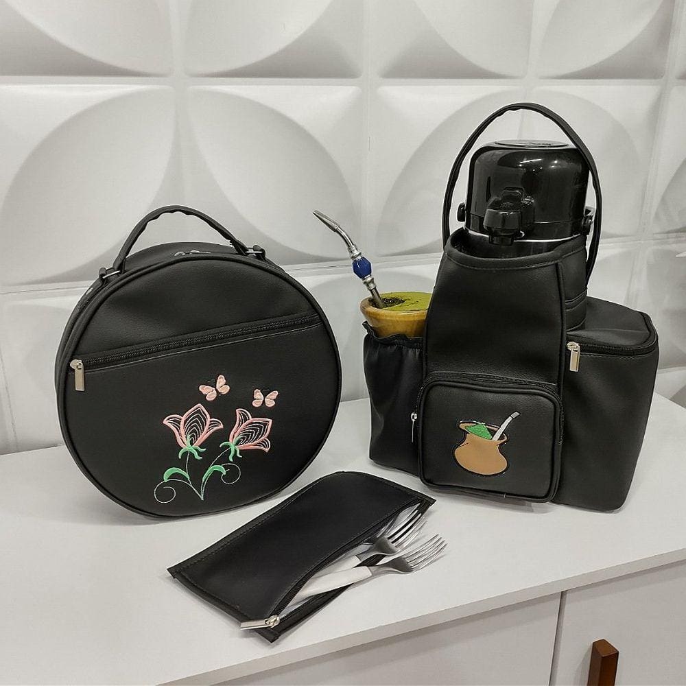 Kit Mateira e Porta Pratos Personalizado Flores Preto - Coutre Bolsas