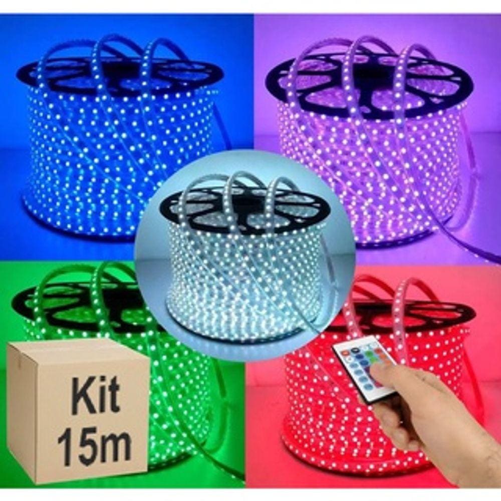 Fita Mangueira LED RGB 15m 5050 IP65 Fonte 110V + Controle RGB Colorido