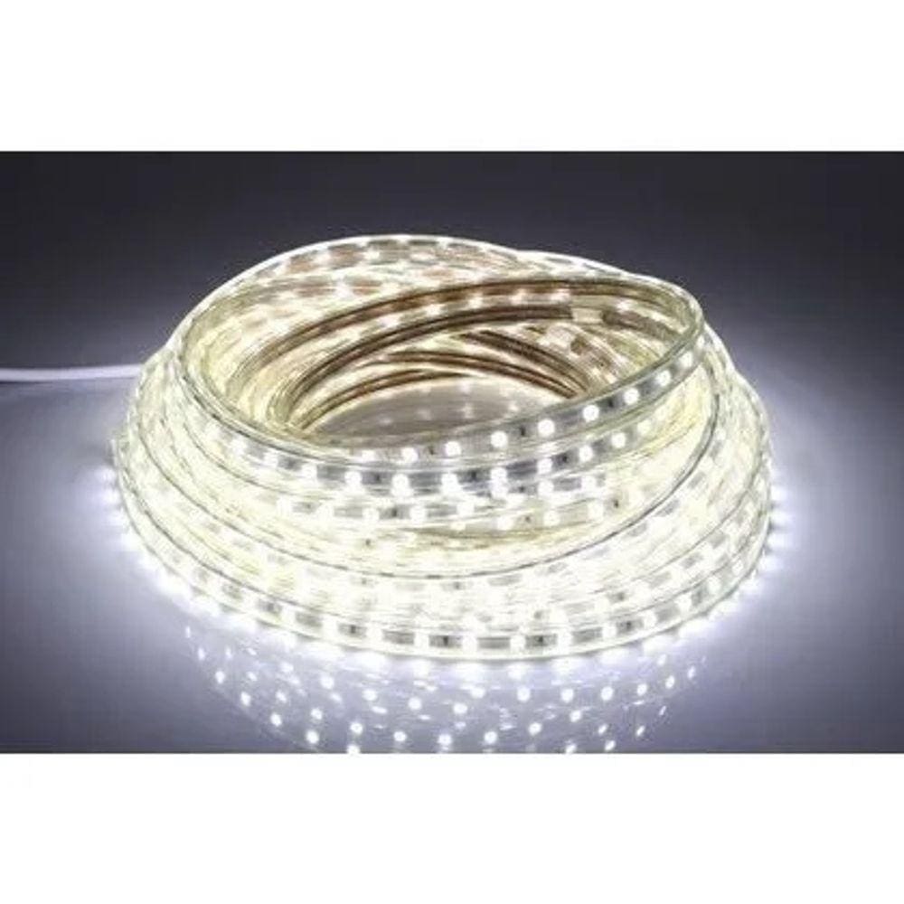 Mangueira Fita LED Chata 5050 10m Branco Frio 6mm LEDS 220V
