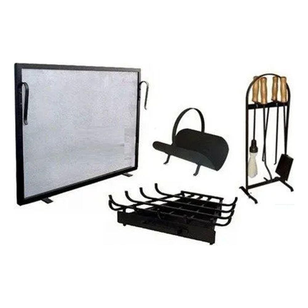 Kit Lareira Tela 80x50 Plusmais Completo Grande Grelha Canto Acessorios Cabo de Madeira