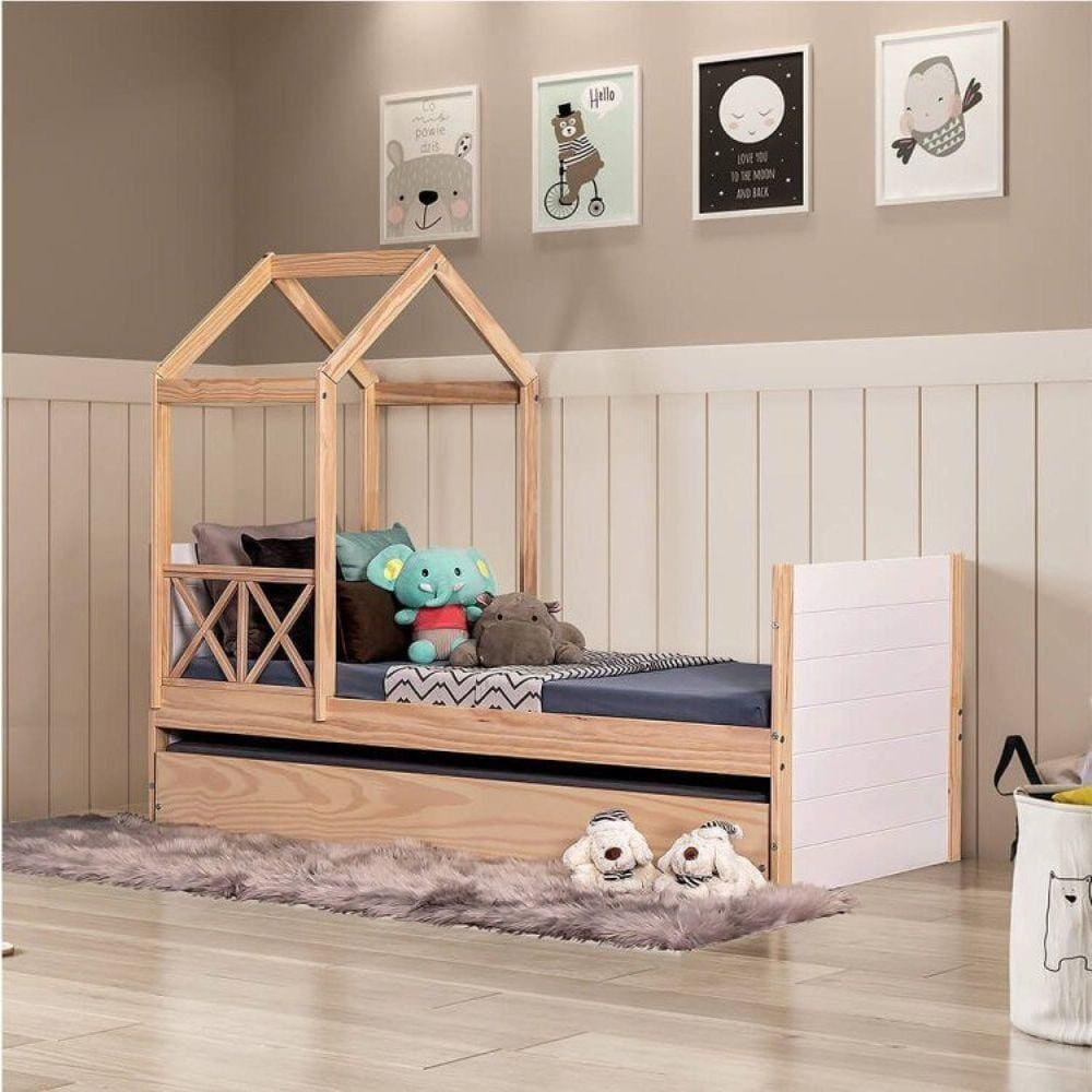 Bicama Infantil Garden com Telhado Single e Grade de Proteção Casatema Marroml/Branco