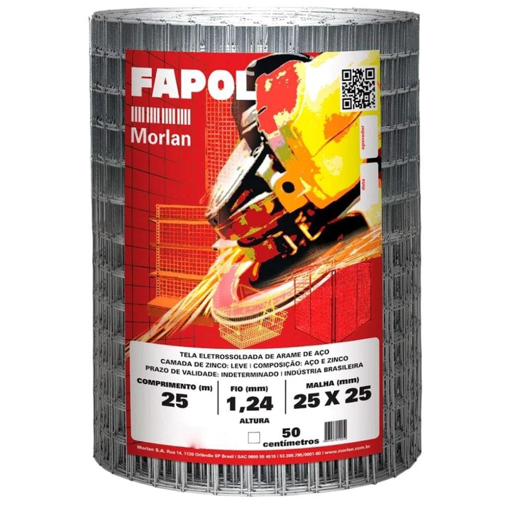 Tela Soldada Fapol Malha 25x25mm Fio 1,24mm 0,50x25Mt Morlan
