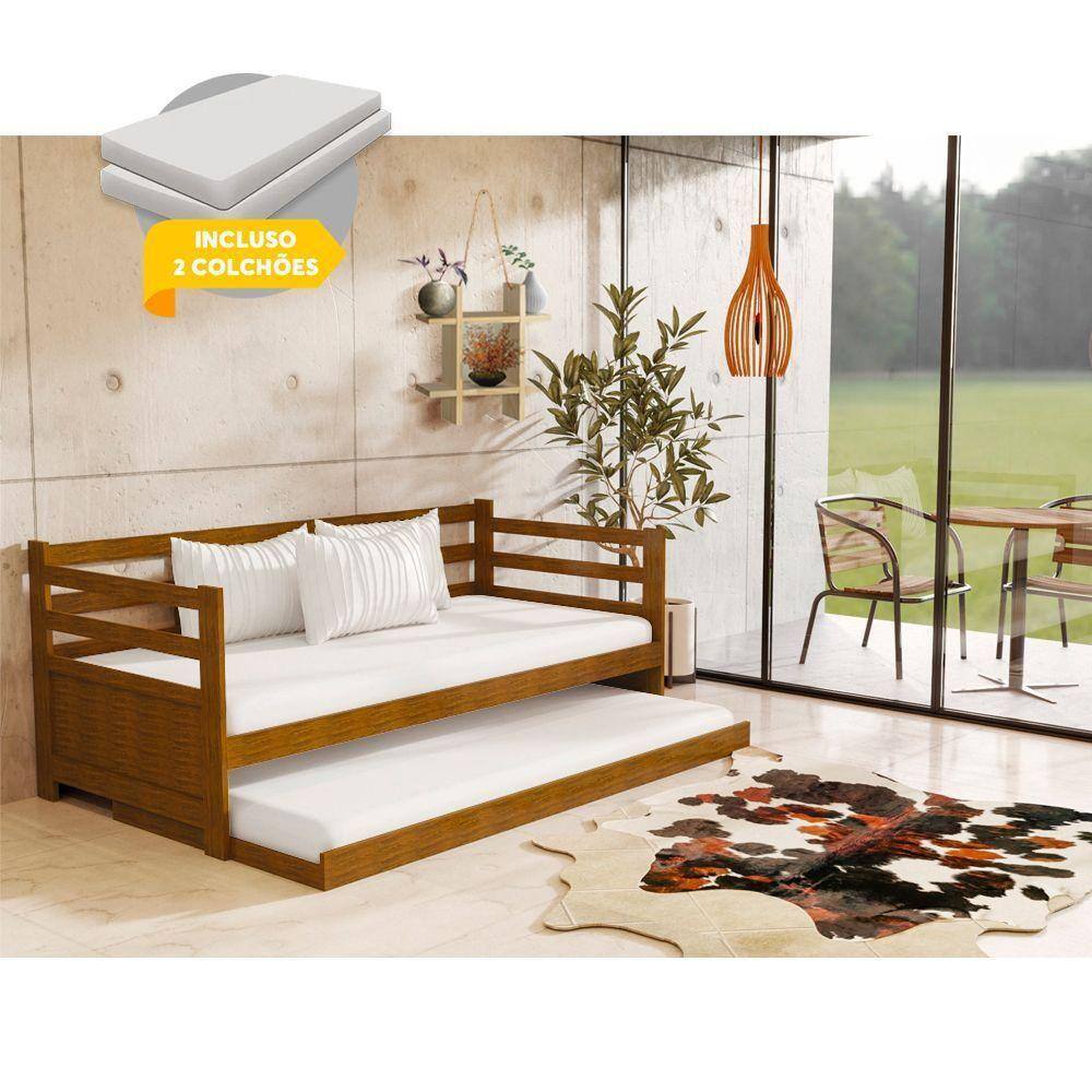 Sofá Cama Em Madeira Maciça + 2 Colchões Enjoy Rustico - Imbuia - Cor: Marrom
