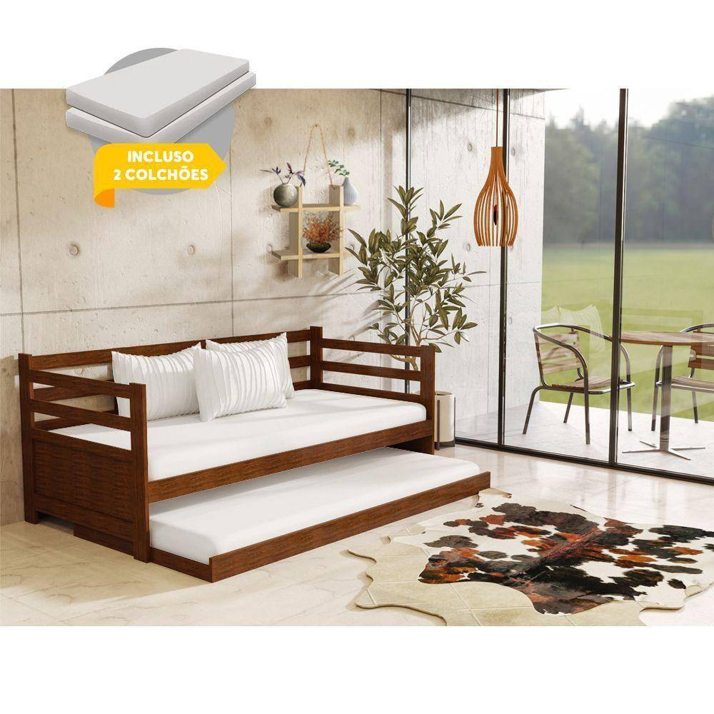 Sofá Cama Em Madeira Maciça + 2 Colchões Enjoy Rustico - Castanho - Cor: Marrom