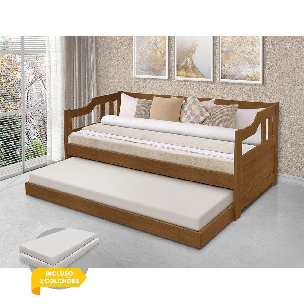 Sofá Cama Solteiro Com Cama Auxiliar Madeira Maciça - Kit 2 Atraente - Imbuia - Cor: Marrom