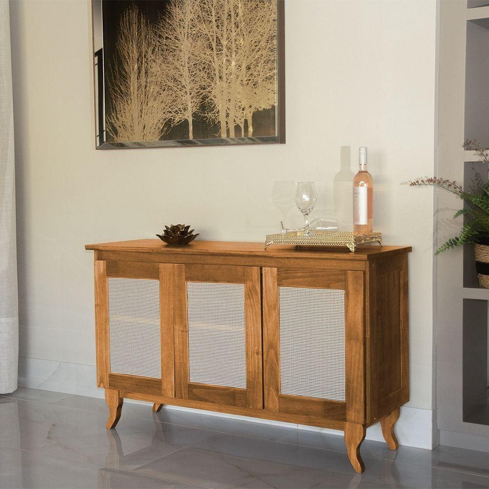 Buffet Aparador Com Telinha Palha Deltan Madeira 3P - Imbuia - Cor: Marrom