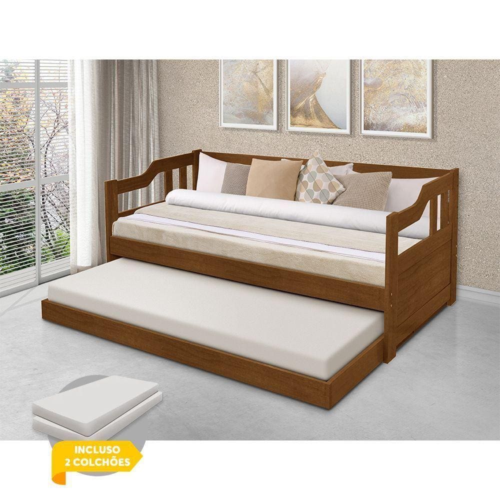 Sofá Cama Solteiro Com Cama Auxiliar Madeira Maciça + 2 Colchões Atraente - Castanho - Cor: Marrom
