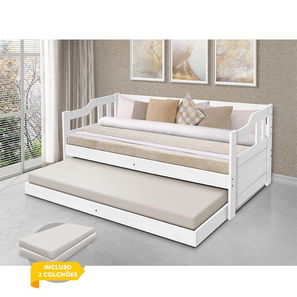 Sofá Cama Solteiro Com Cama Auxiliar Madeira Maciça + 2 Colchões Atraente - Branco - Cor: Branco