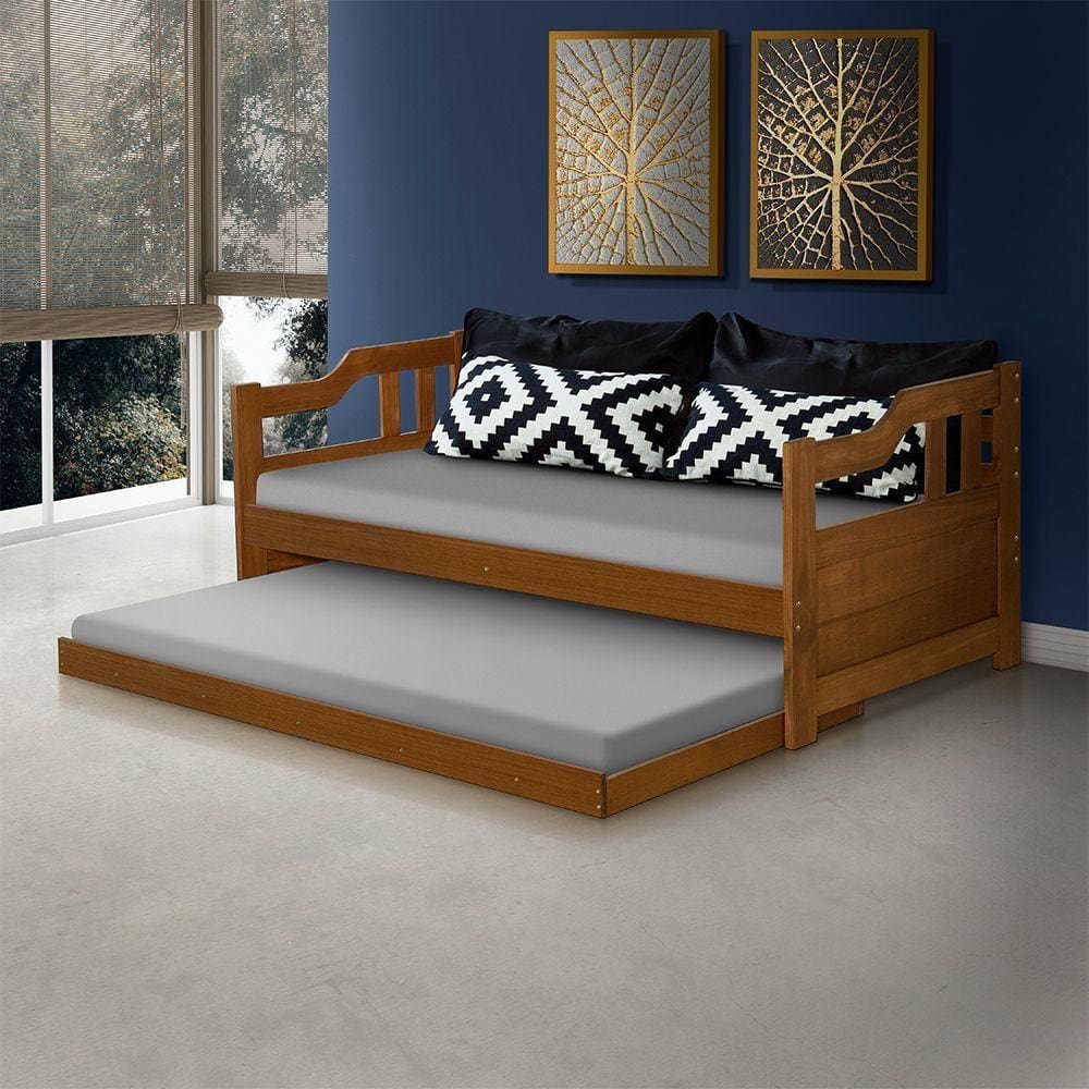 Sofá Cama Texas De Madeira Maciça Com Cama Auxiliar Castanho - Cor: Marrom