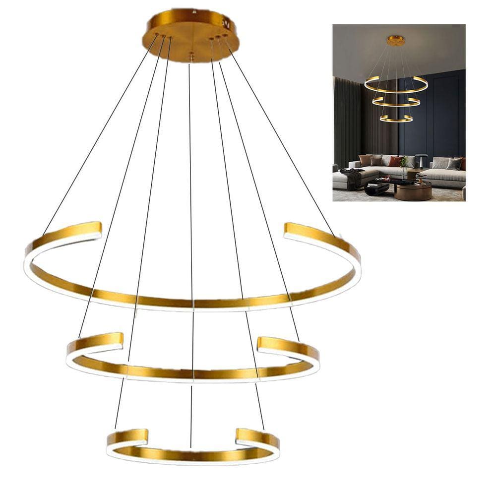 Lustre Luminaria Arco 3 Aneis Pendente Led Perfil Dourado Ambiente Sala de Jantar Restaurante Casa Sala de Estar Luxo Residencial Comercial Moderno