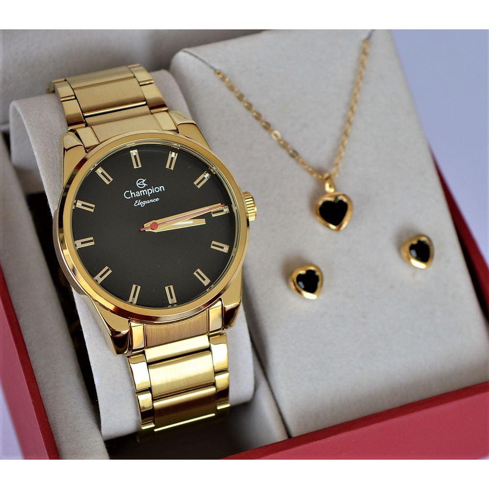 Relogio Champion Dourado Feminino Visor Preto Cn27590u + Semi Joia