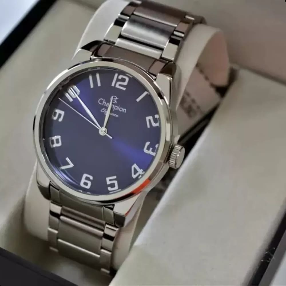 Relogio Champion Prateado Visor Azul Grande Numeros Cn27652f