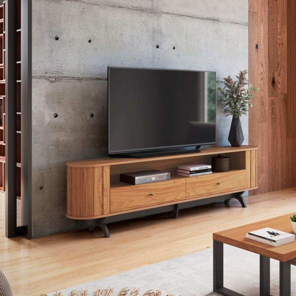 Rack Curvo para TV até 60 Polegadas 220cm 2 Gavetas Freijó/Preto Fosco