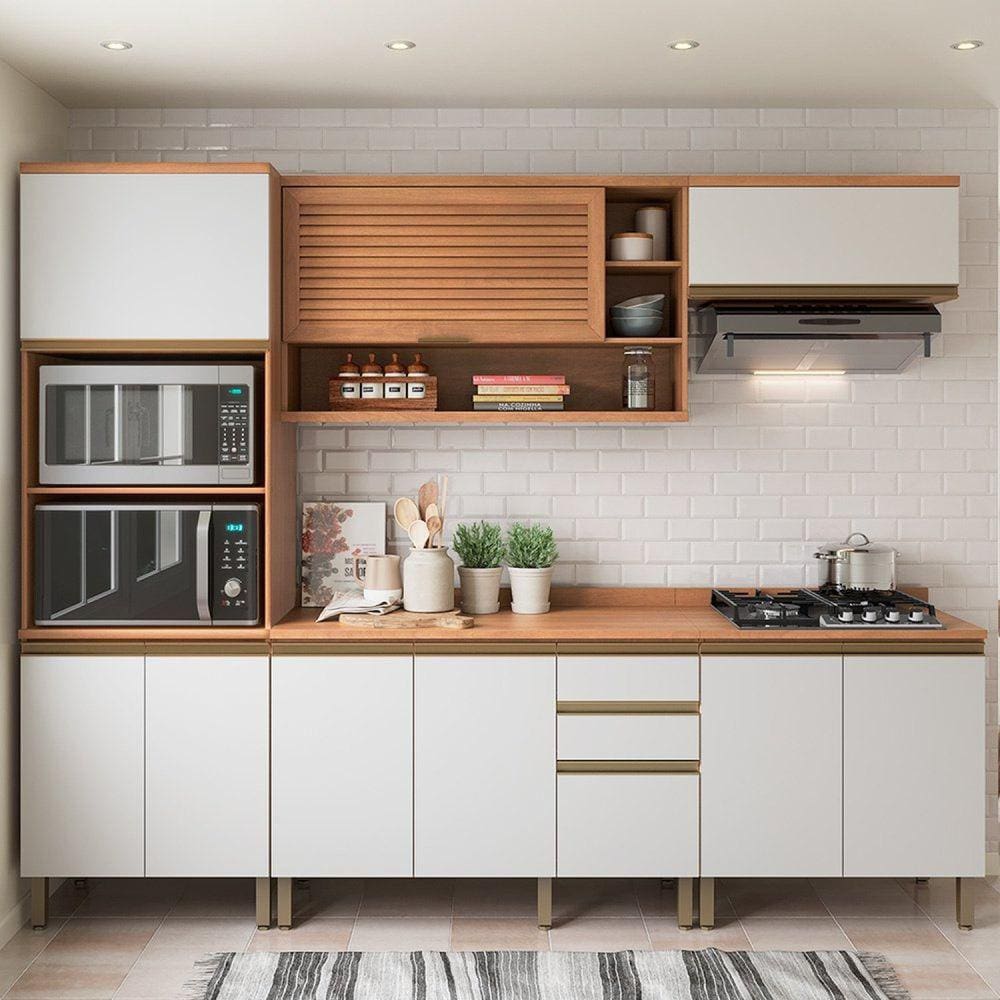 Cozinha Completa 9 Portas 3 Gavetas Torre Quente e Balcão Macadâmia Freijó/Branco