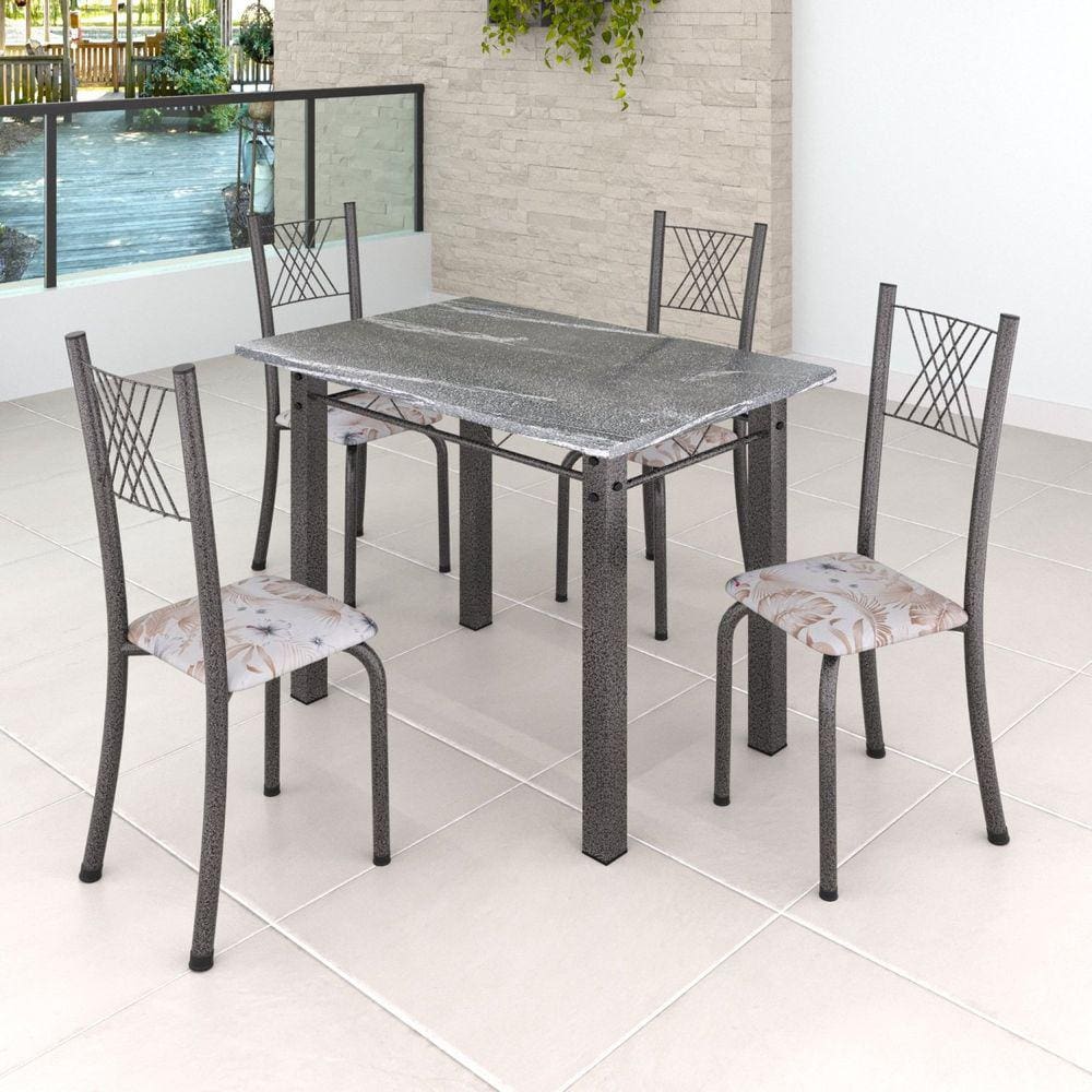 Conjunto Mesa com 4 Cadeiras Tampo de Granito TopázioSaraYescasa Botanic Bege/Martelado Prata