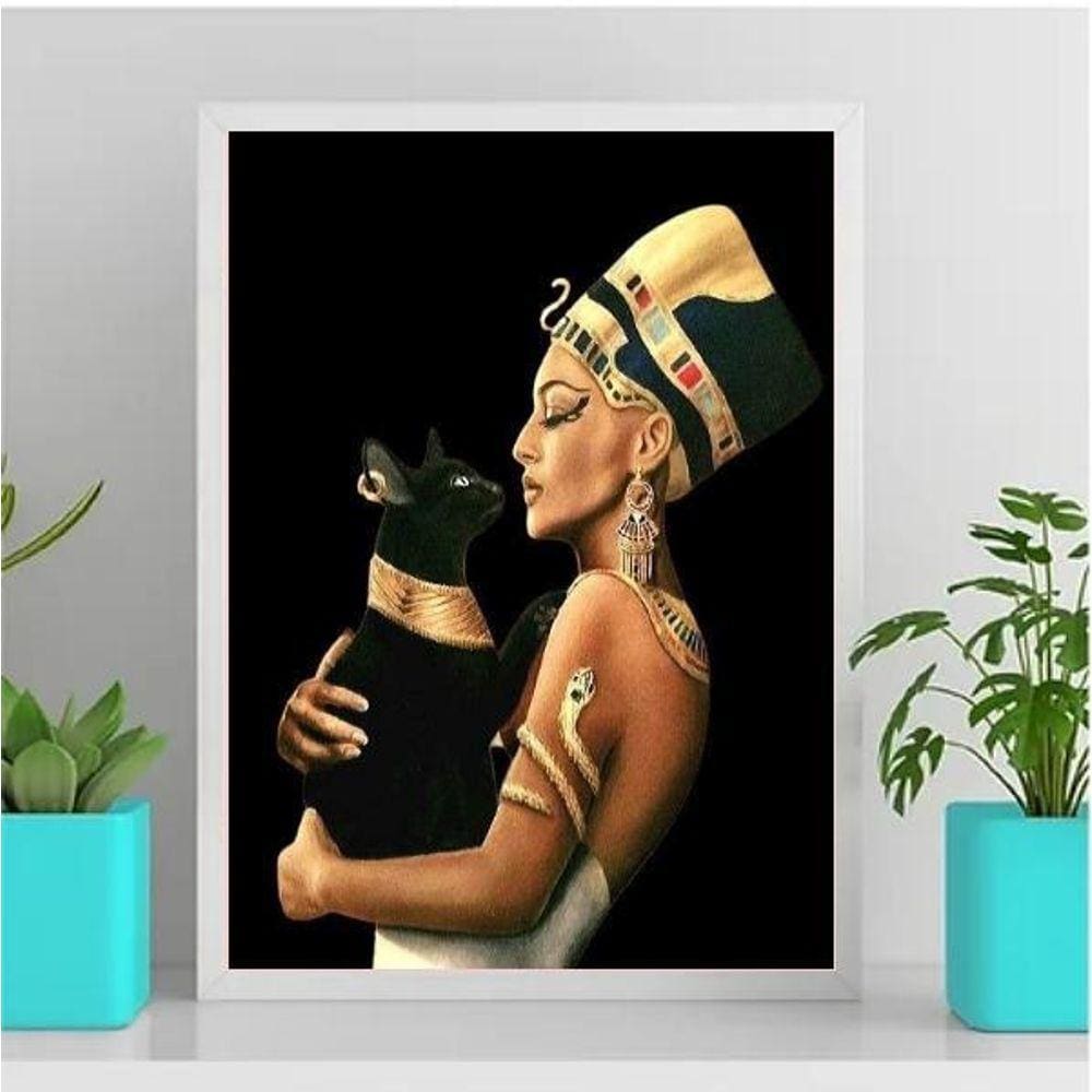 Quadro Decorativo Nefertiti Com Gato 33X24Cm Branca