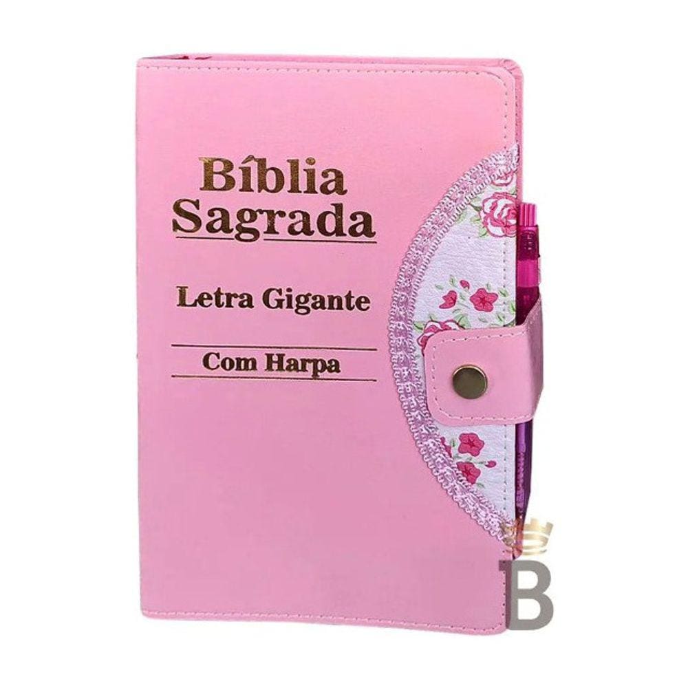 Bíblia Sagrada Letra Gigante Com Harpa Porta Caneta Rosa