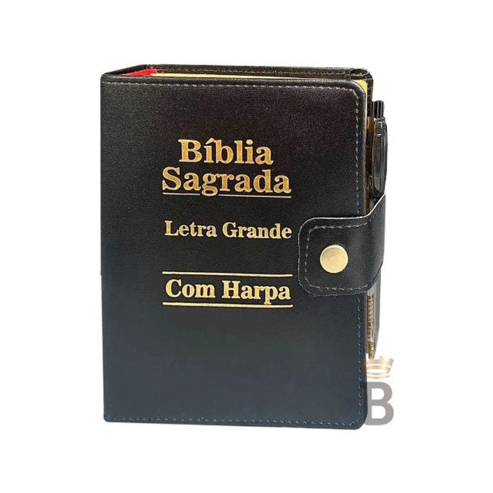 Bíblia Letra Grande Sagrada Com Caneta Tecido Harpa Preta