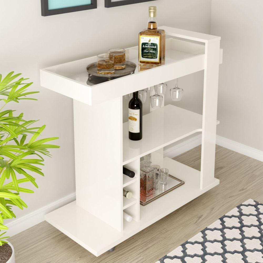 Bar Móvel Espelhado Suporte Taças Porta Garrafas MDP Amazonas Artely Off White