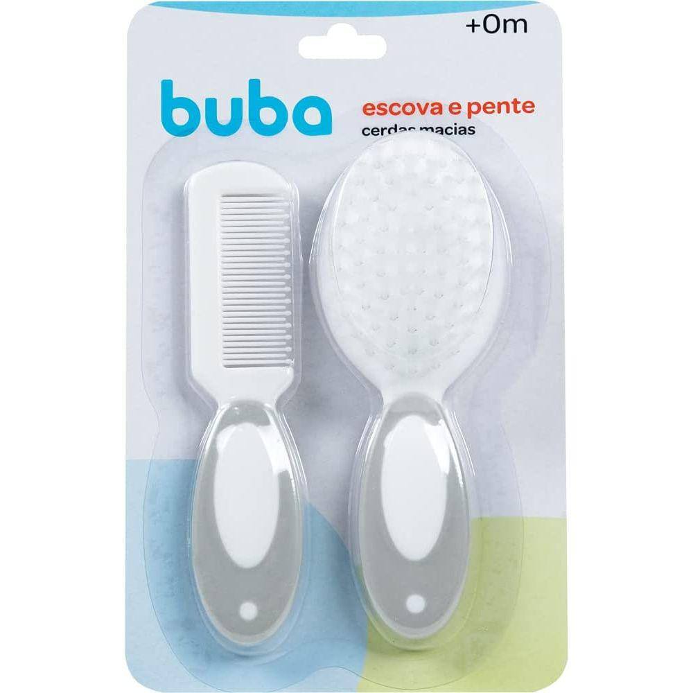 Escova E Pente Buba Cerdas Macias +0 Meses Cinza E Branco