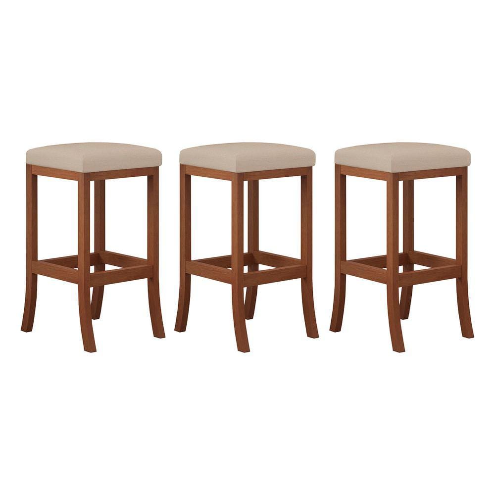 Kit 3 Banquetas Alta Estofada Barcelona 38x74Cm Bancada Bar Madeira Maciça Castanho Suede Bege - CCS