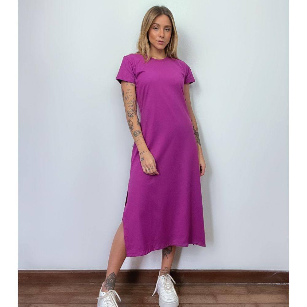 Vestido Mid Camiseta Com Fenda Aveloz Roxo
