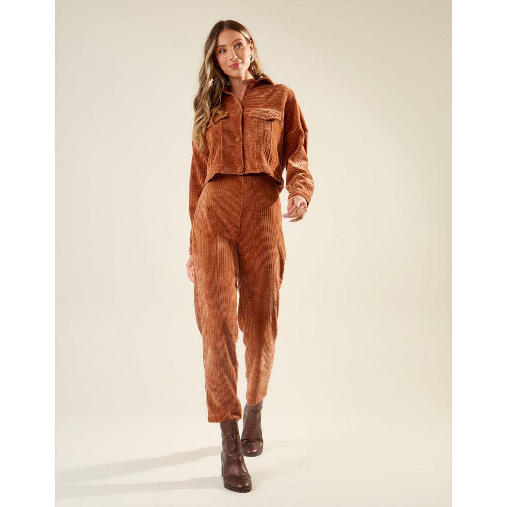 Calça Zinzane Feminino Cenoura Botões Veludo Colete - Marrom