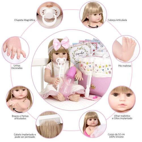 Bebe Reborn Loira Realista Grande 100% Silicone 52cm Banho