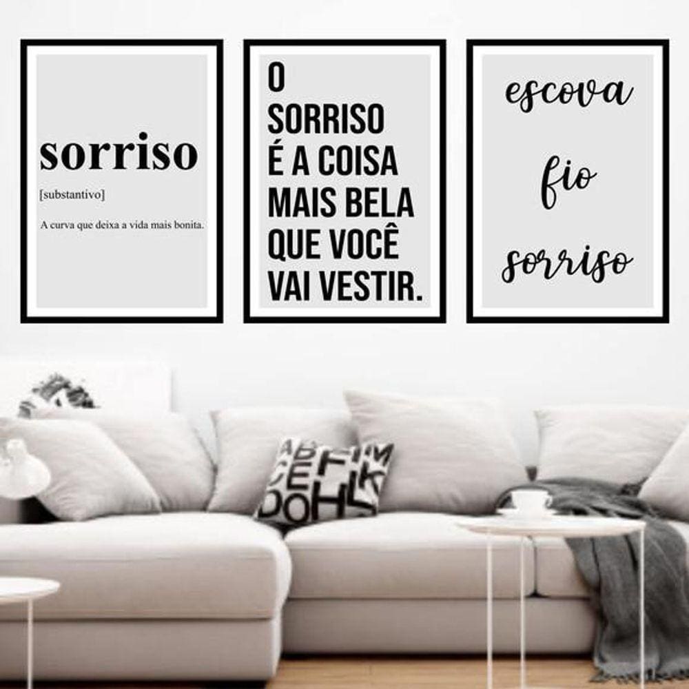 Kit Quadro Decorativo O Sorriso É A Coisa Mais Bela 3 Peças
