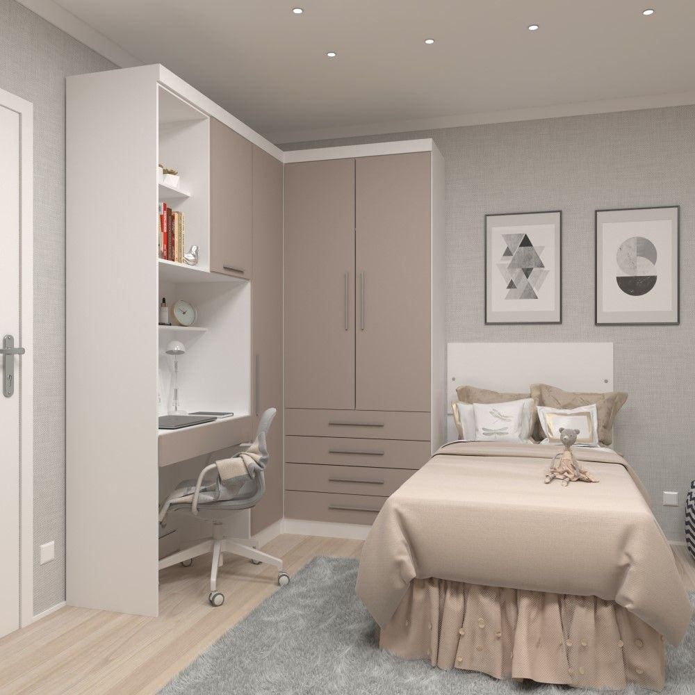 Guarda Roupa Dormitório Modulado Alpes Solteiro Canto c/ Bancada de Estudo - Roupeiro Luciane M04