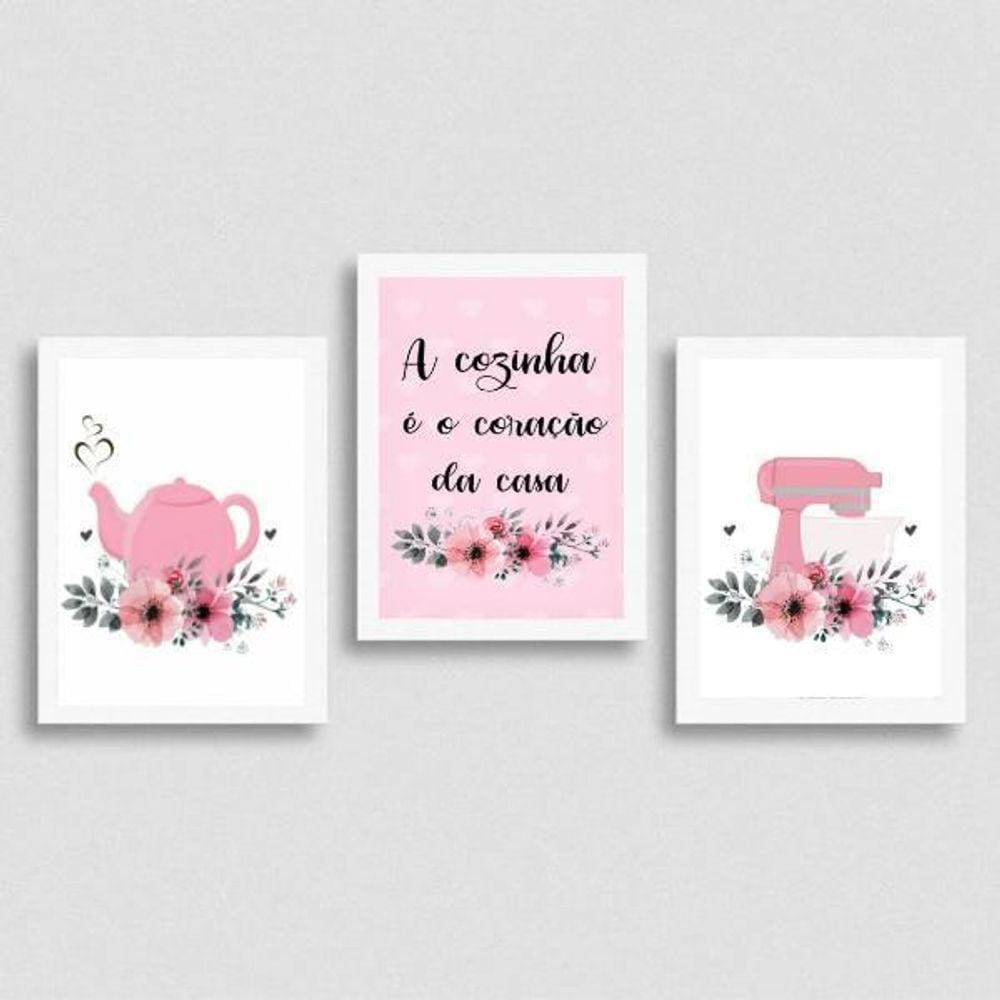 Kit 3 Quadros Cozinha Coração Da Casa Rosa 24X18Cm
