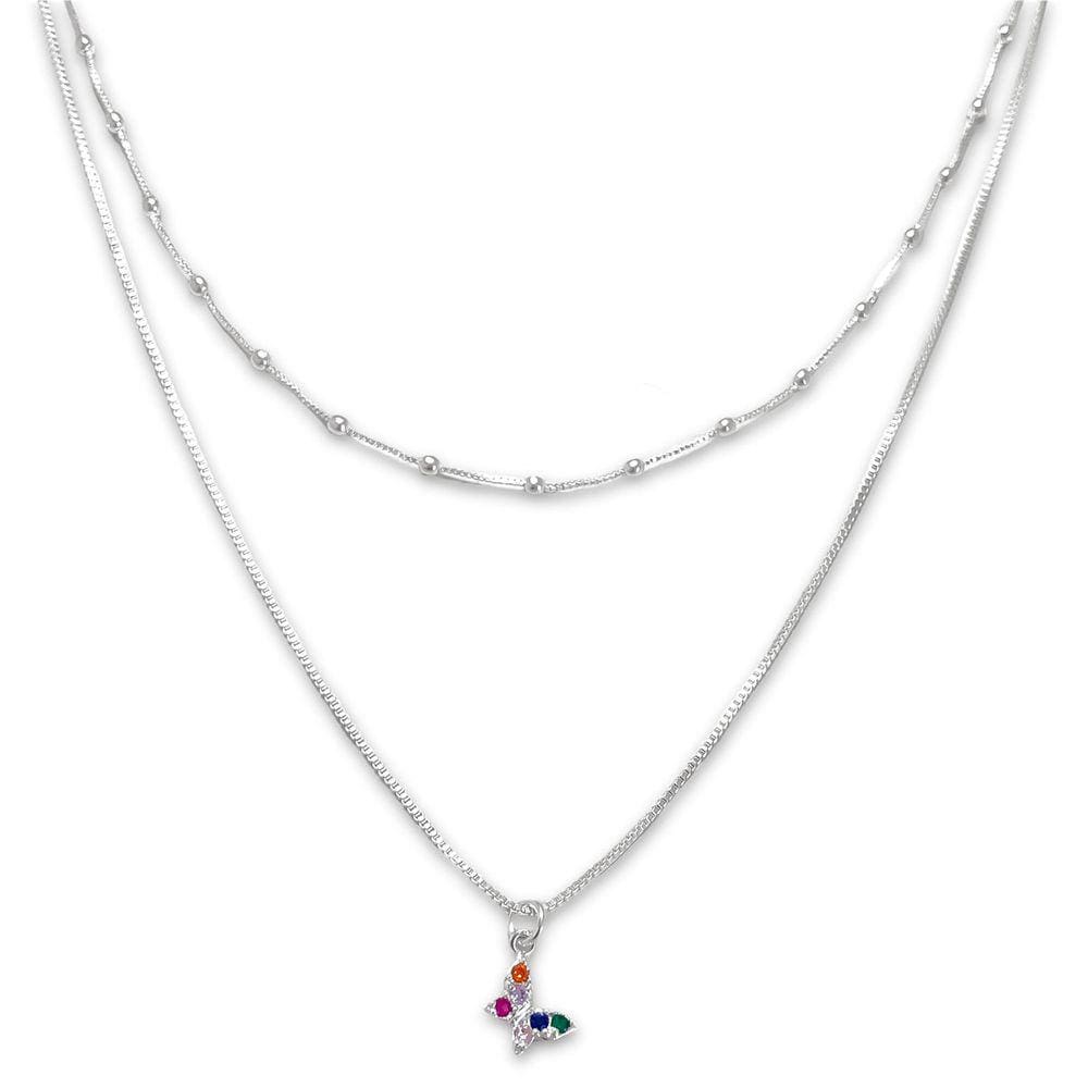 Colar Duplo Borboleta Zirconia Colorida Cravejada Banhado Prata