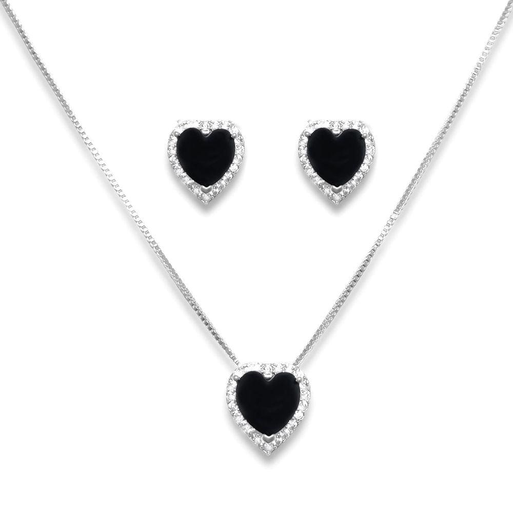 Conjunto Brinco e Colar Coração Preto e Zircônia Banhado a Prata
