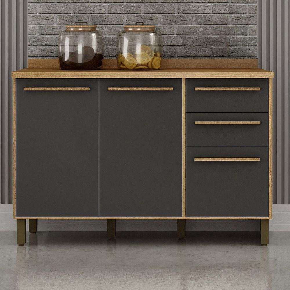 Balcão 120cm 3 Portas 2 Gavetas Salvador Cinamomo/Grafite