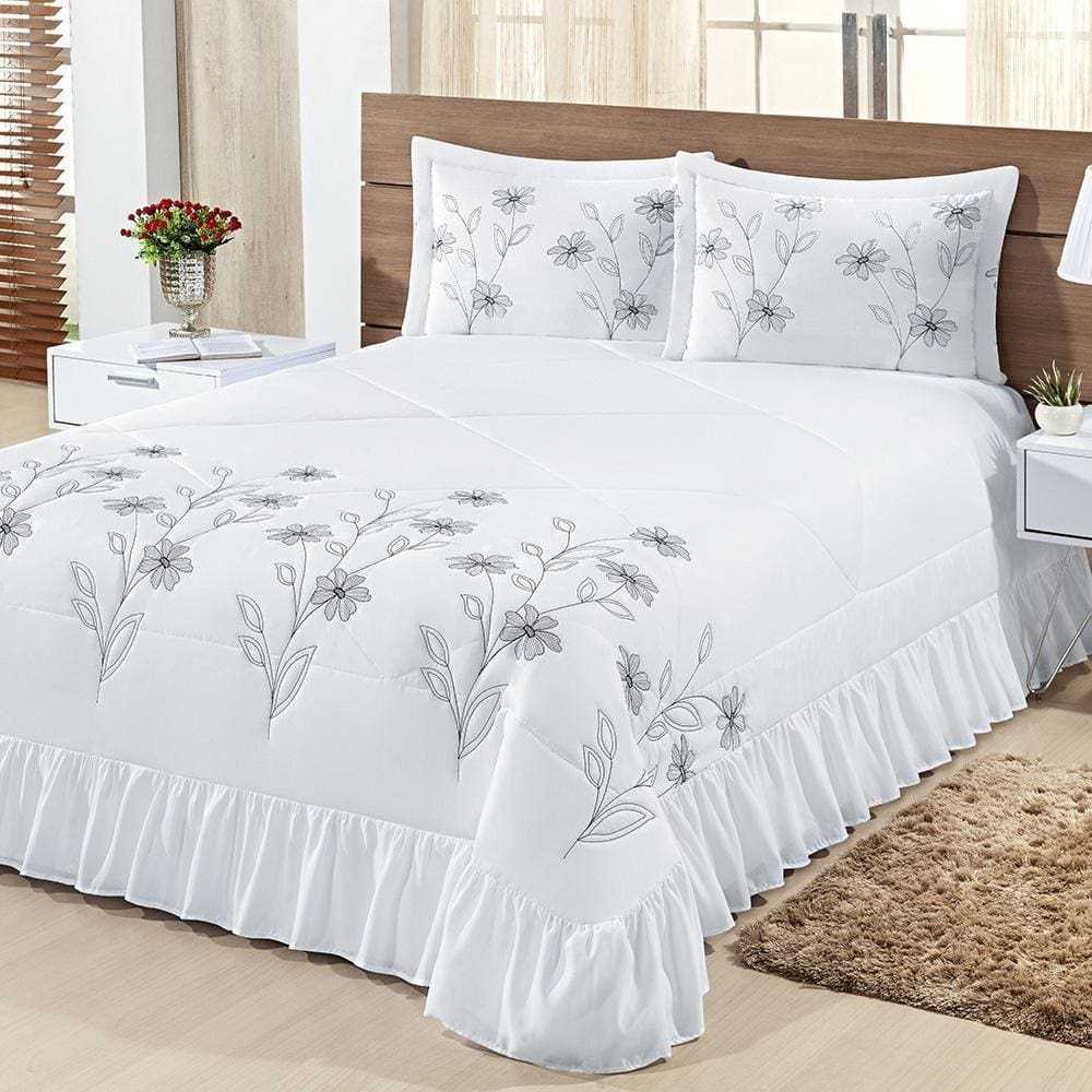 Kit Cobre Leito Casal Super King Lírio 3 Peças Colcha Branco