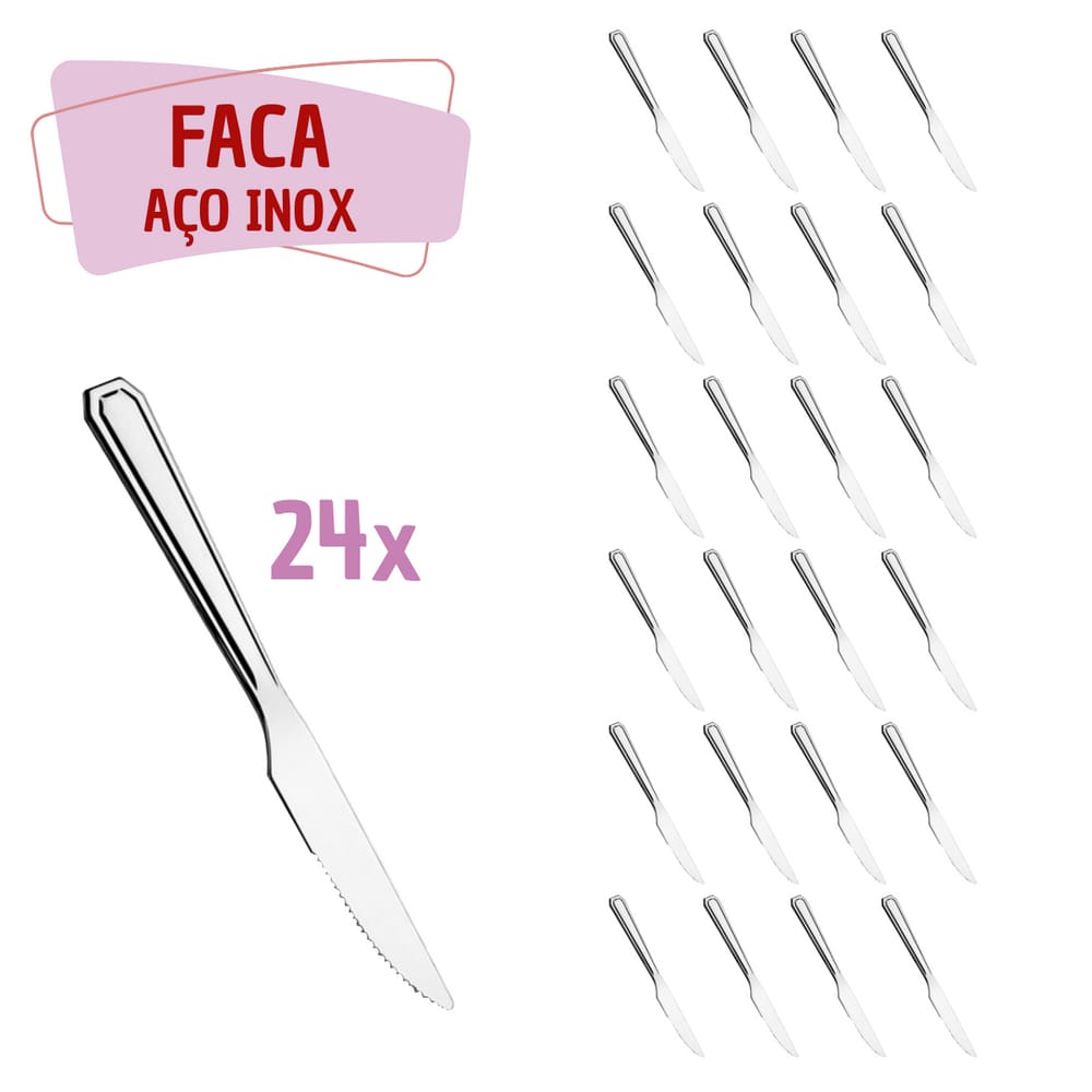 Jogo 24 Pçs Faca Reforçada Inox Restaurante / Bar / Casa