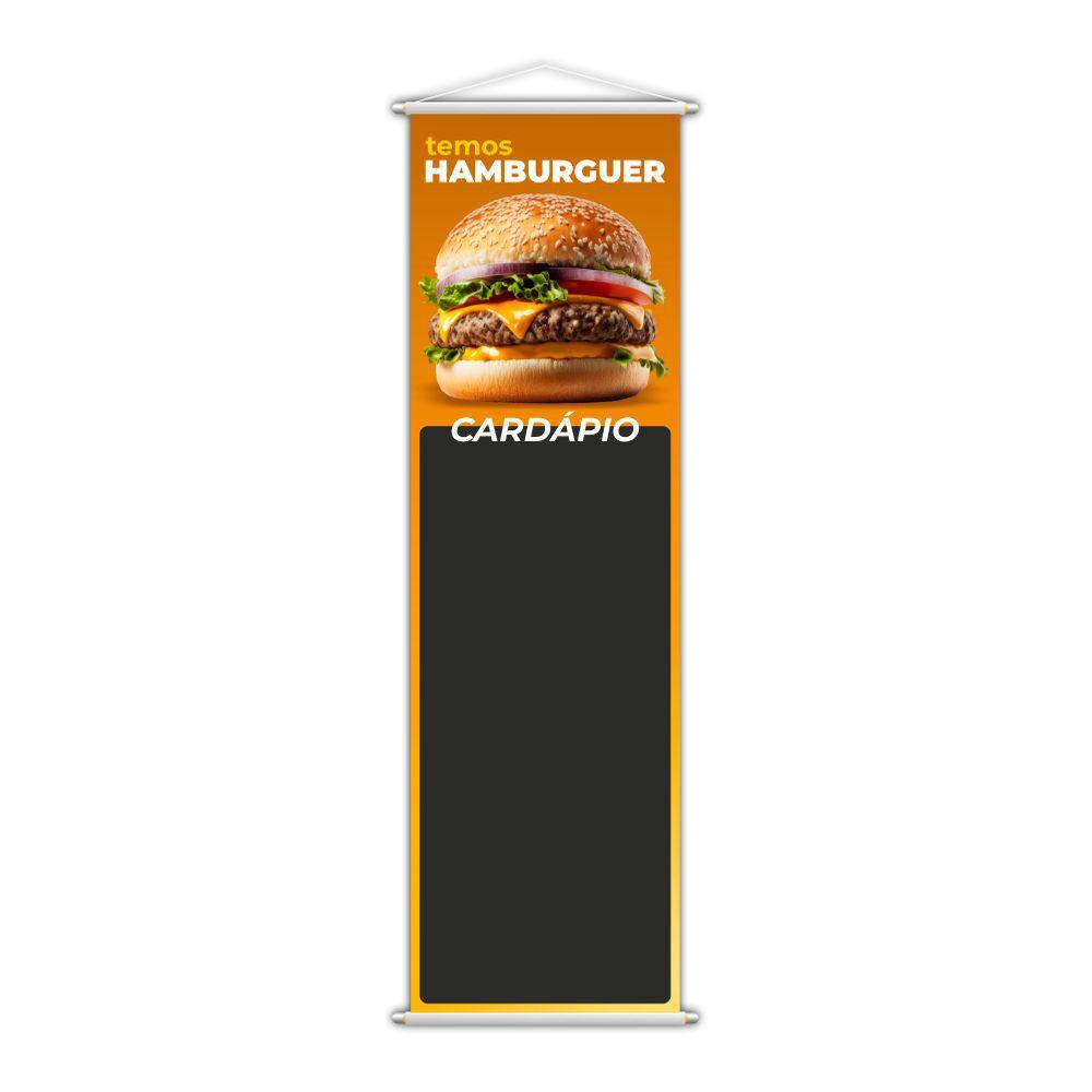 Banner Temos Hambúrguer Lanche Cardápio Fundo Preto 100x30cm