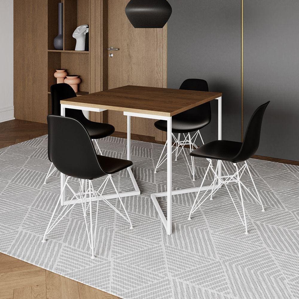 Mesa Industrial Quadrada Jantar Amêndoa 90Cm Base V Com 4 Cadeiras Pretas Ferro Branco Cor: Amendoa