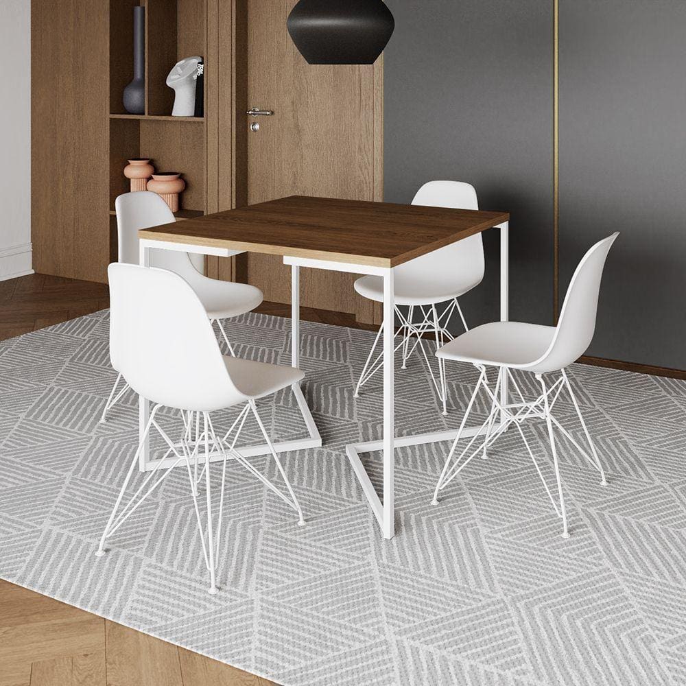 Mesa Industrial Quadrada Jantar Amêndoa 90Cm Base V Com 4 Cadeiras Brancas Ferro Branco Cor: Amendoa