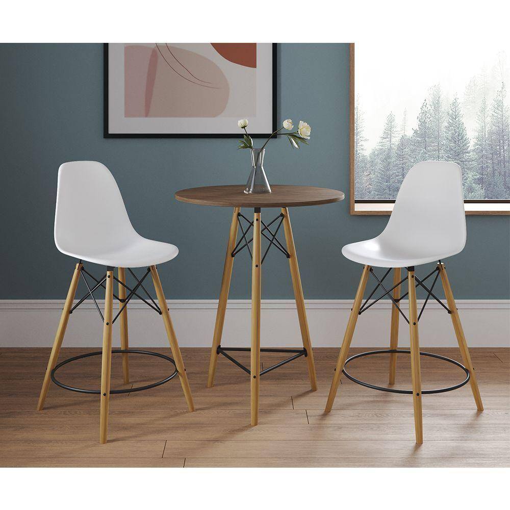 Mesa Bistrô Eames Eiffel Amêndoa Com 2 Banquetas Brancas De Madeira - Cor: Marrom