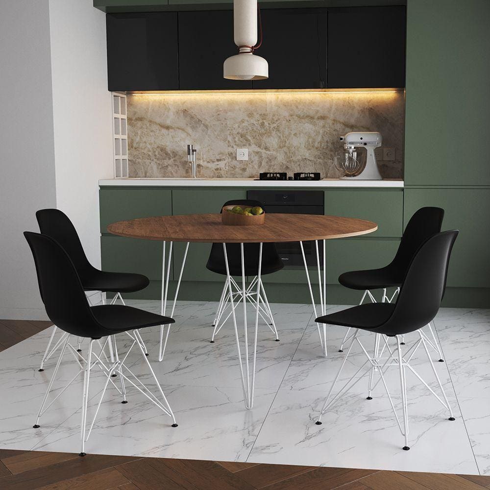 Mesa Jantar Redonda 110Cm Amêndoa Clips 3 Pés Com 5 Cadeiras Pretas Ferro Branco - Cor: Amendoa