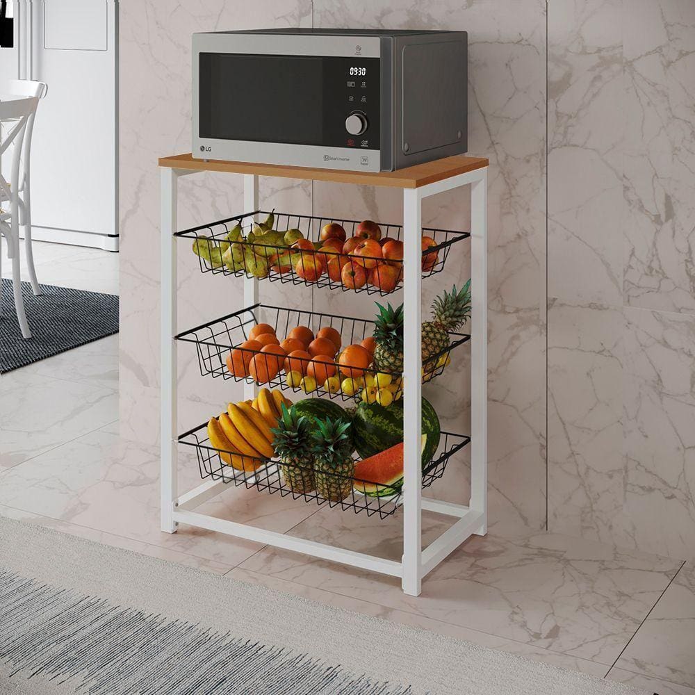 Fruteira Com Suporte Para Micro-Ondas Barcelona Aço Branco Cesto Preto Tampo Canela Cor: Preto